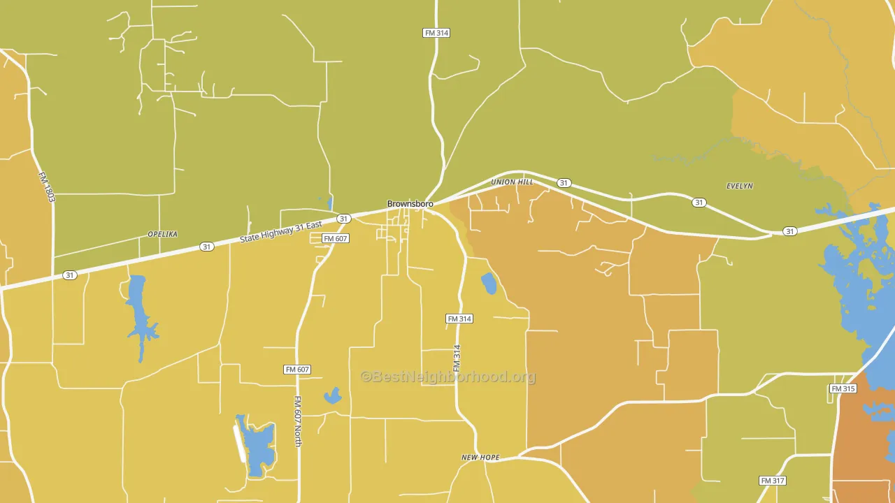 Map of the best neighborhoods in the 75756 area, with better matches in green and worse matches in red