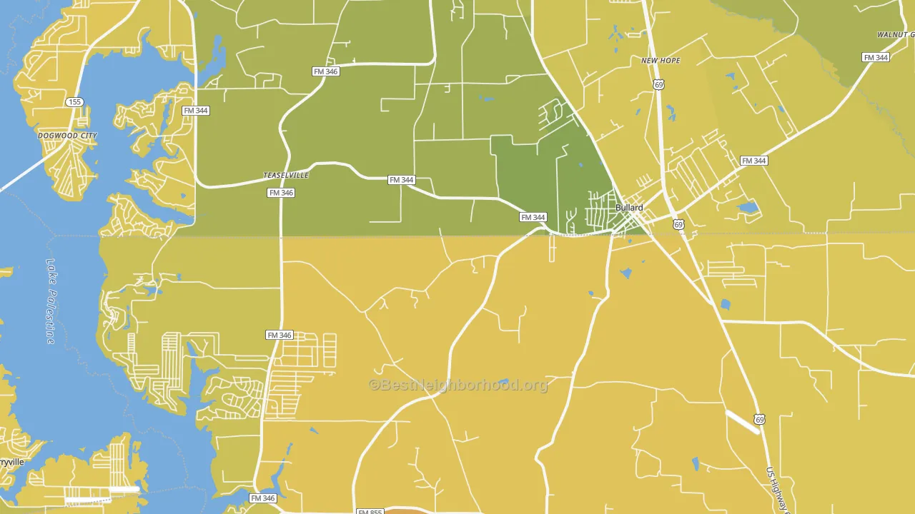 Map of the best neighborhoods in the 75757 area, with better matches in green and worse matches in red