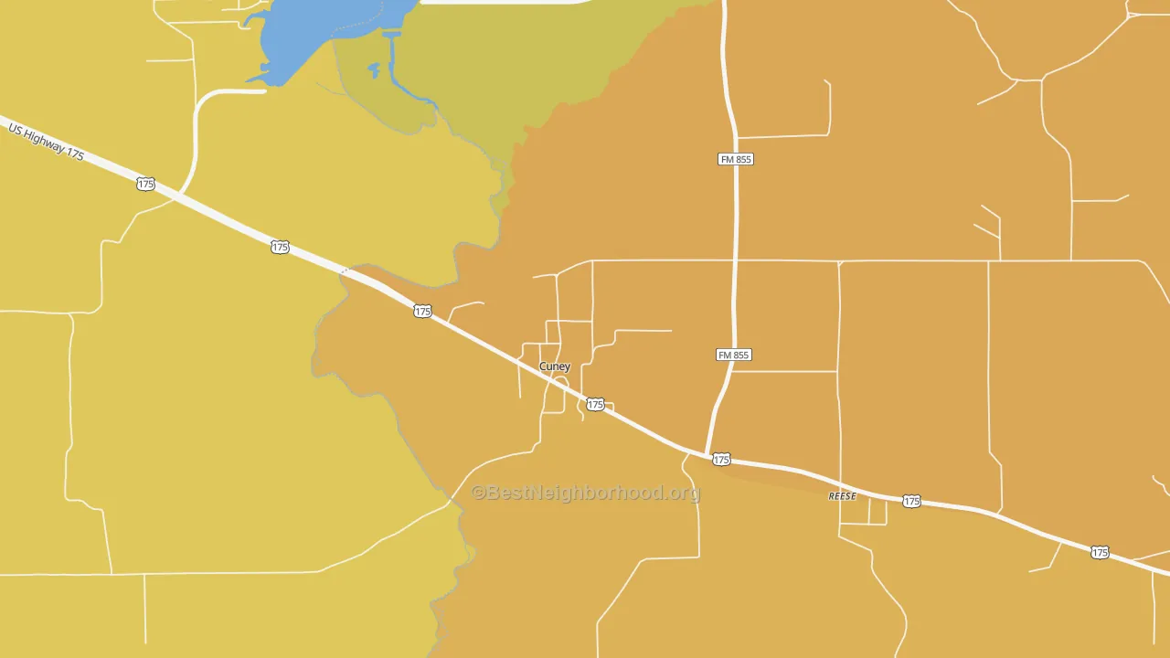 Map of the best neighborhoods in the 75759 area, with better matches in green and worse matches in red
