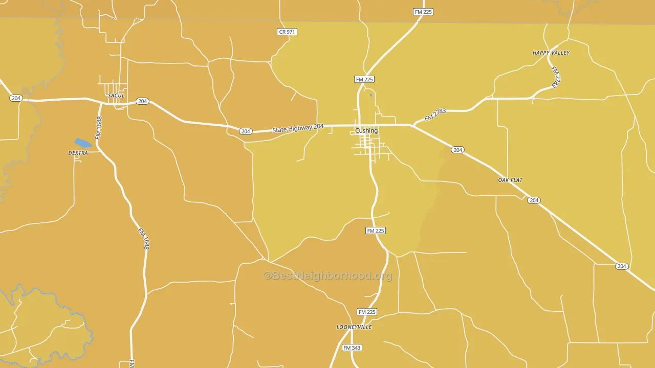 Map of the best neighborhoods in the 75760 area, with better matches in green and worse matches in red