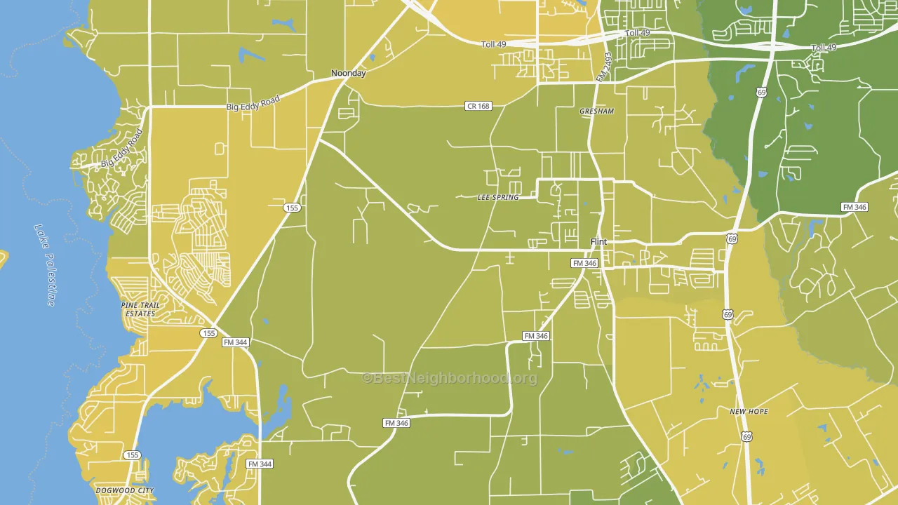 Map of the best neighborhoods in the 75762 area, with better matches in green and worse matches in red