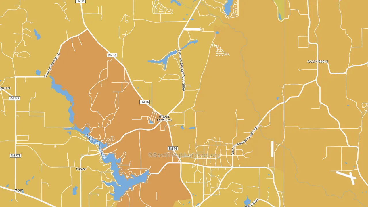 Map of the best neighborhoods in the 75765 area, with better matches in green and worse matches in red