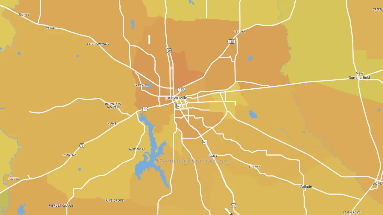Map of the best neighborhoods in the 75766 area, with better matches in green and worse matches in red