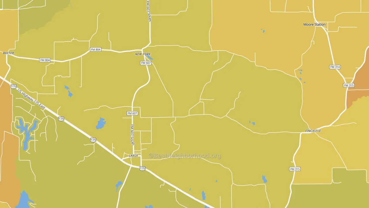 Map of the best neighborhoods in the 75770 area, with better matches in green and worse matches in red
