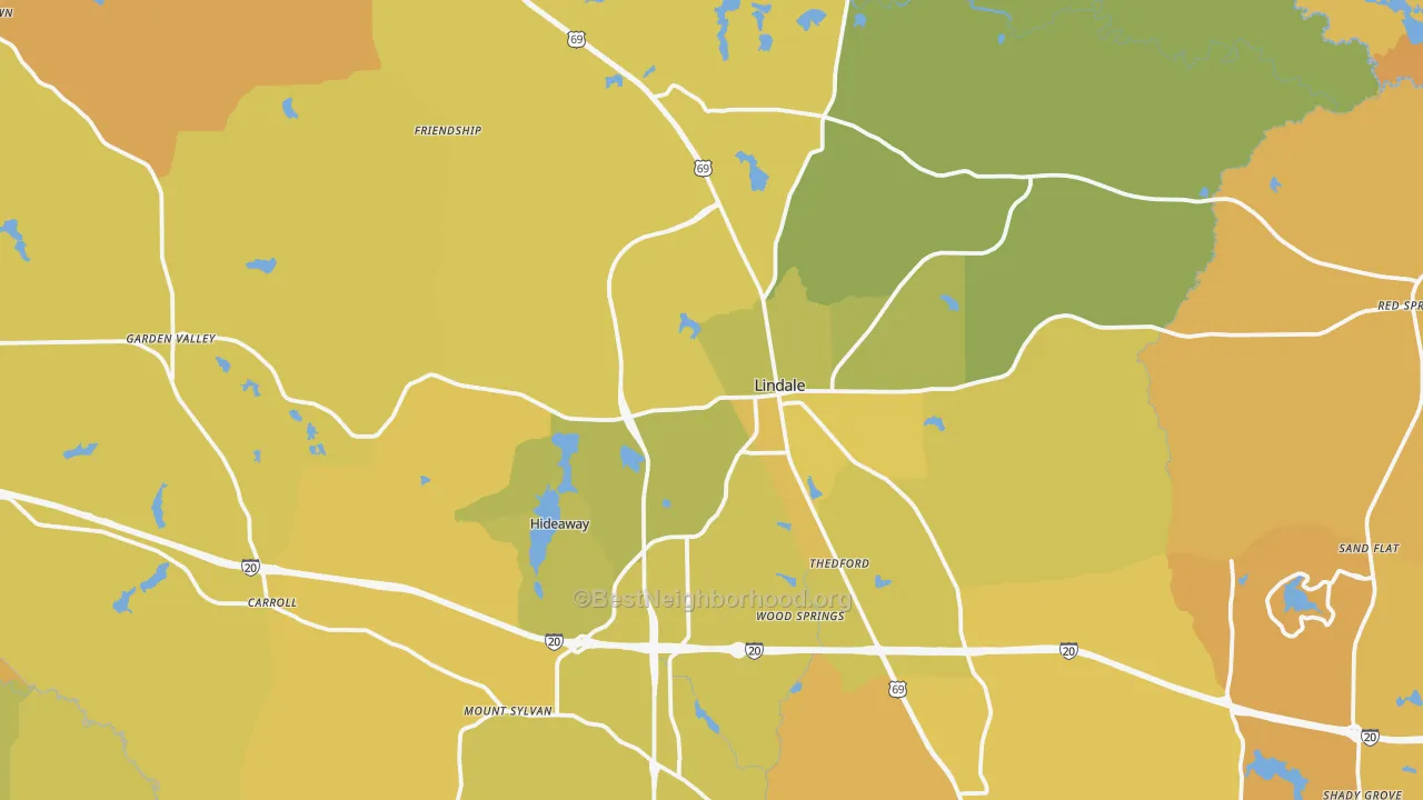 Map of the best neighborhoods in the 75771 area, with better matches in green and worse matches in red