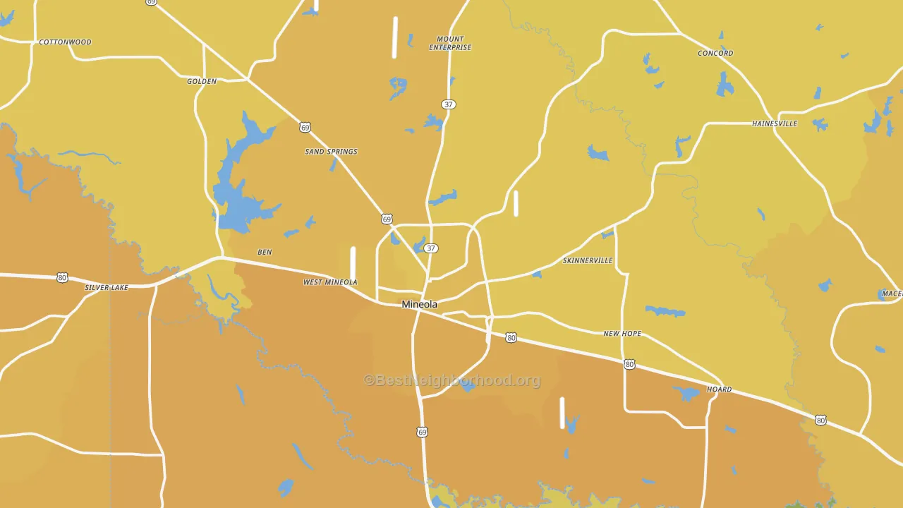 Map of the best neighborhoods in the 75773 area, with better matches in green and worse matches in red