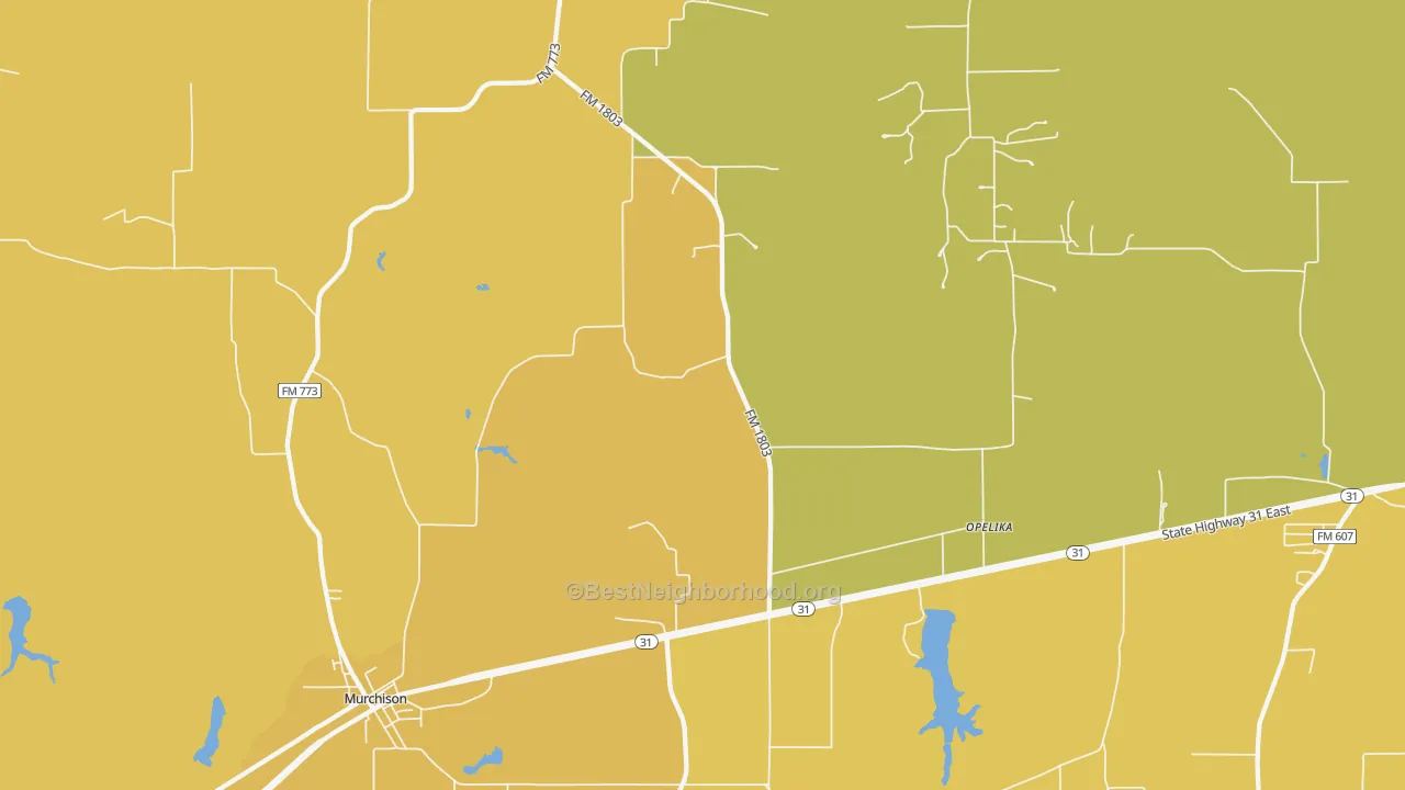 Map of the best neighborhoods in the 75778 area, with better matches in green and worse matches in red