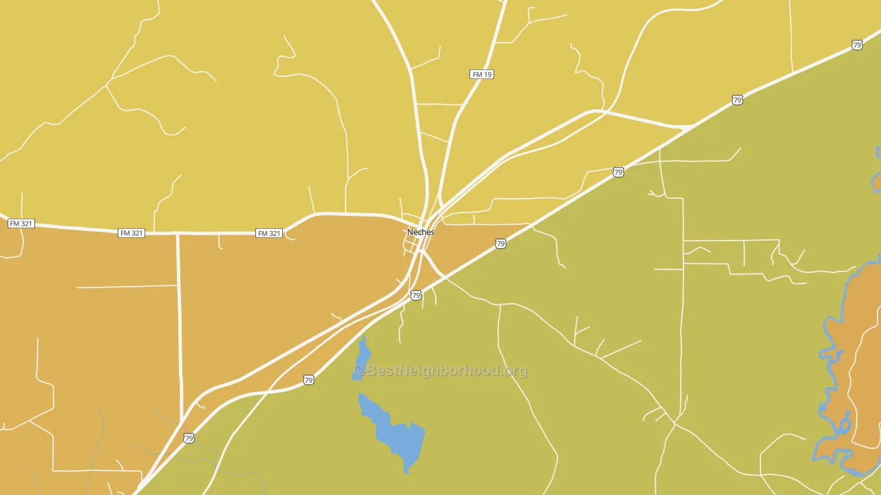 Map of the best neighborhoods in the 75779 area, with better matches in green and worse matches in red