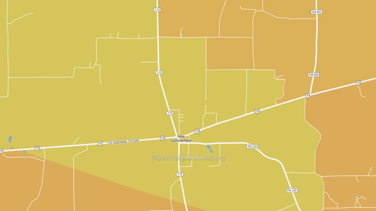 Map of the best neighborhoods in the 75780 area, with better matches in green and worse matches in red