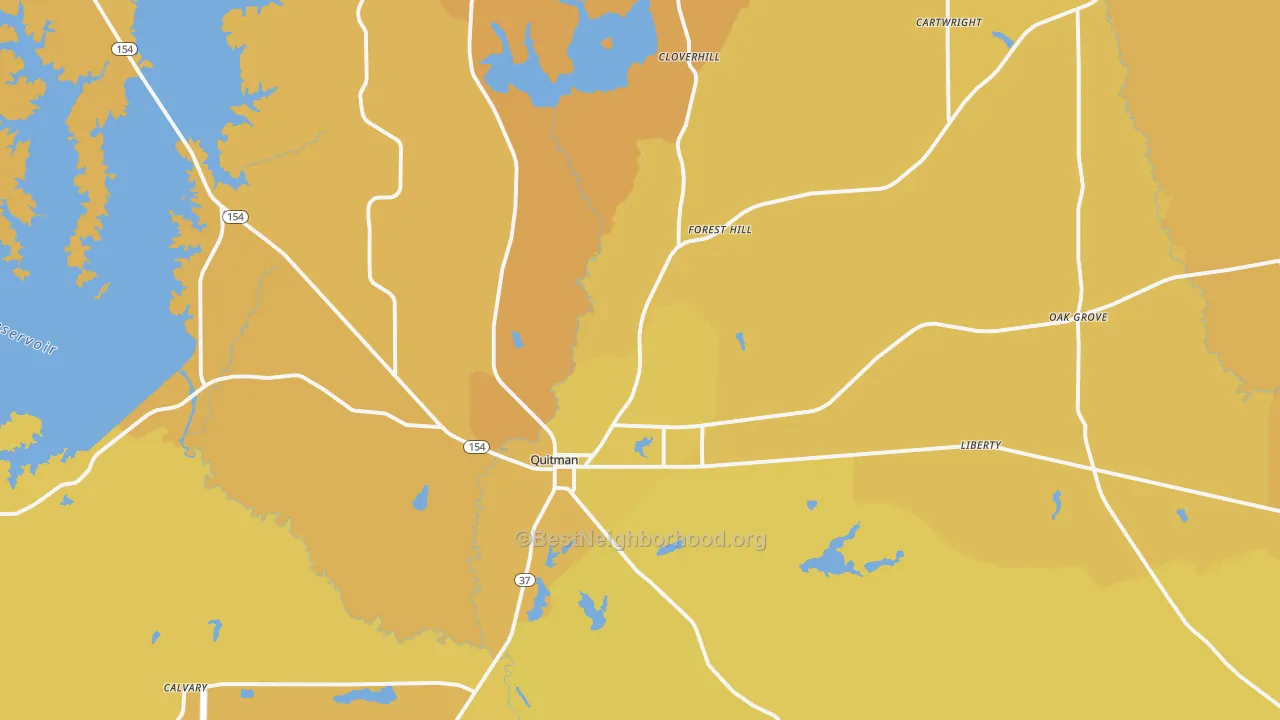 Map of the best neighborhoods in the 75783 area, with better matches in green and worse matches in red