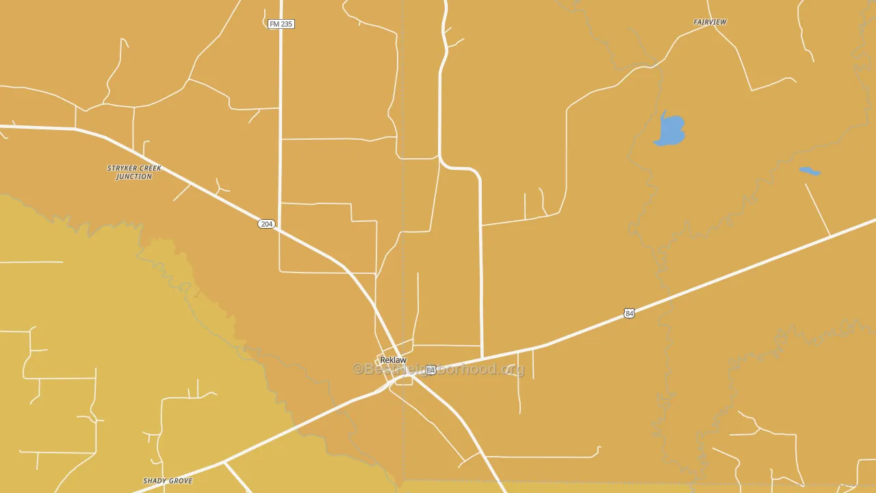Map of the best neighborhoods in the 75784 area, with better matches in green and worse matches in red