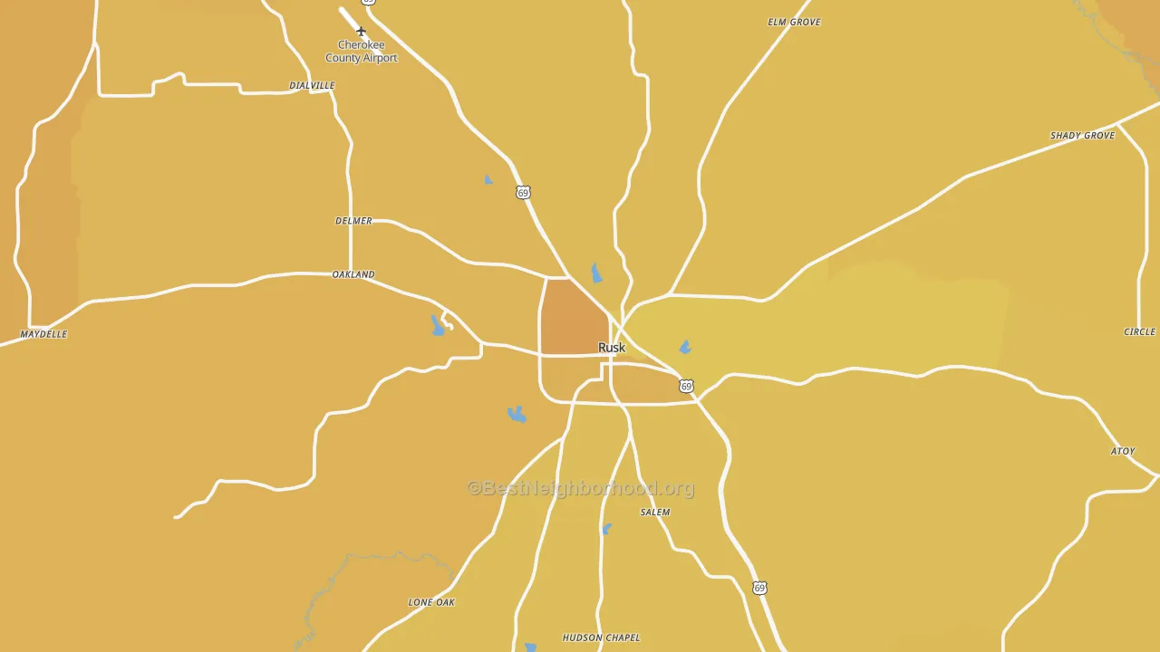 Map of the best neighborhoods in the 75785 area, with better matches in green and worse matches in red