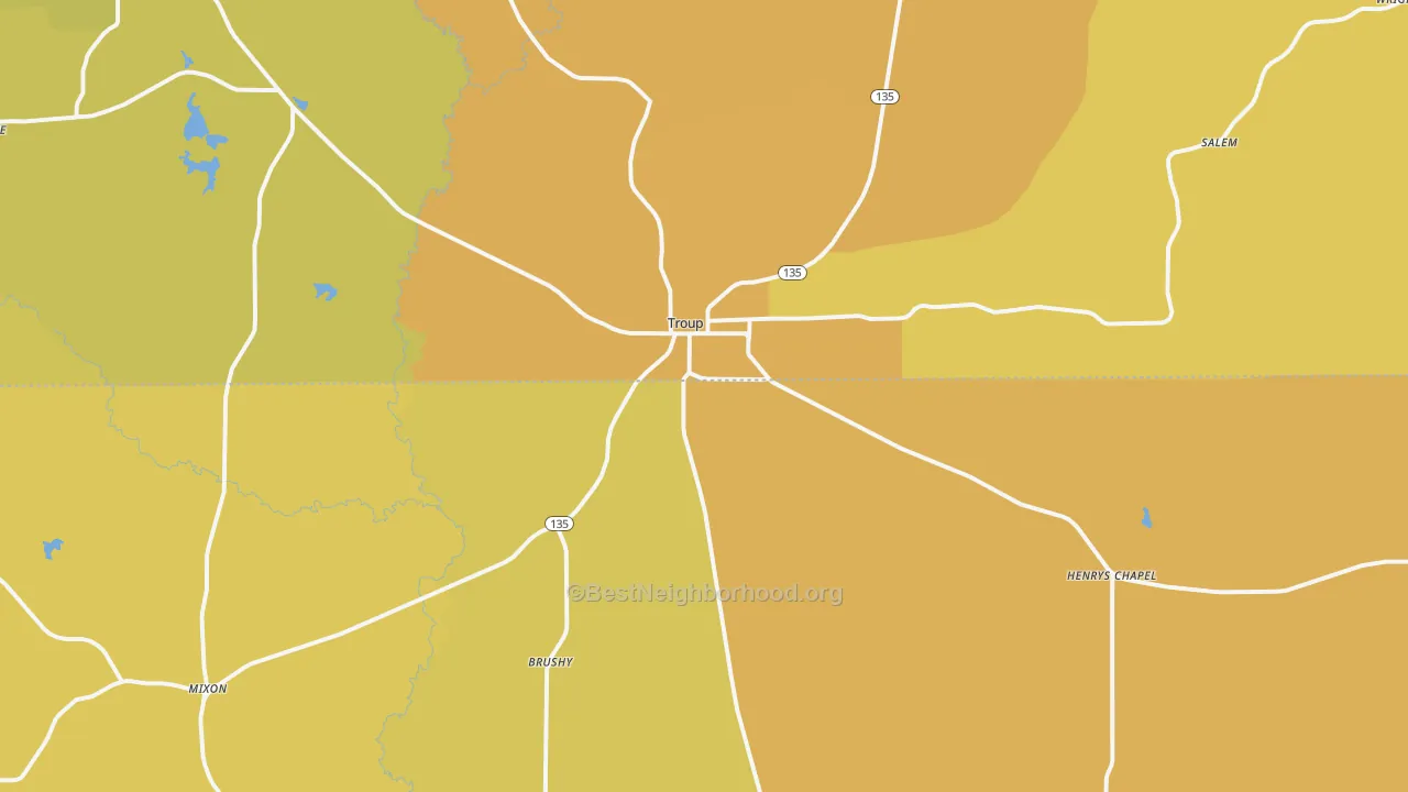 Map of the best neighborhoods in the 75789 area, with better matches in green and worse matches in red