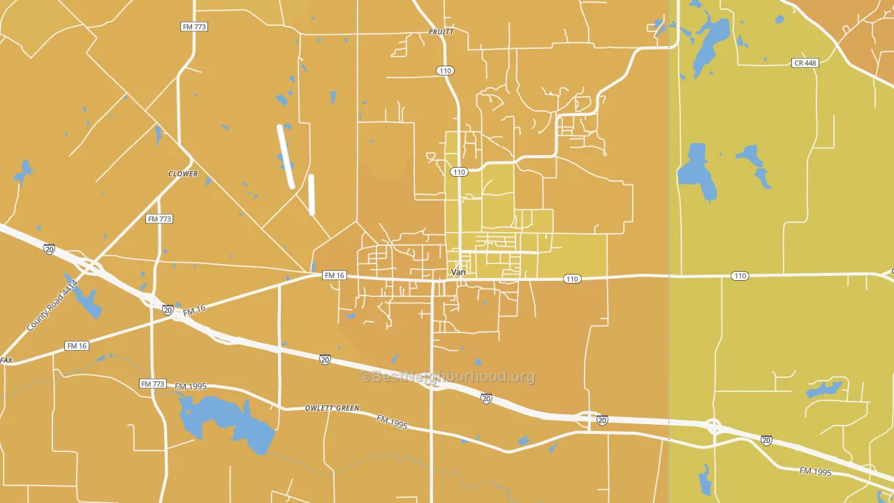 Map of the best neighborhoods in the 75790 area, with better matches in green and worse matches in red
