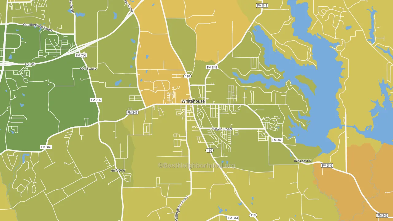 Map of the best neighborhoods in the 75791 area, with better matches in green and worse matches in red