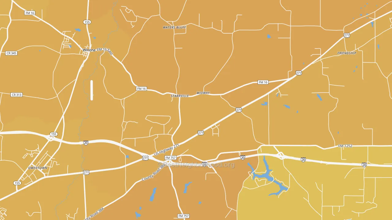 Map of the best neighborhoods in the 75792 area, with better matches in green and worse matches in red