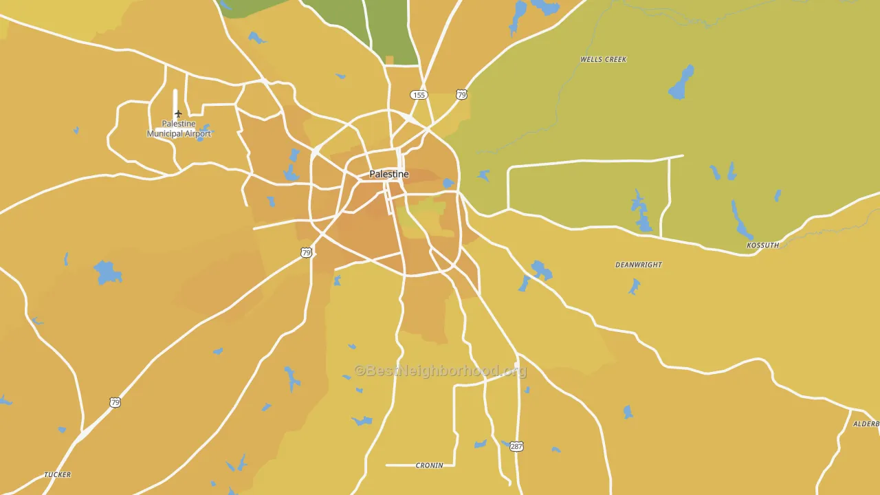 Map of the best neighborhoods in the 75801 area, with better matches in green and worse matches in red