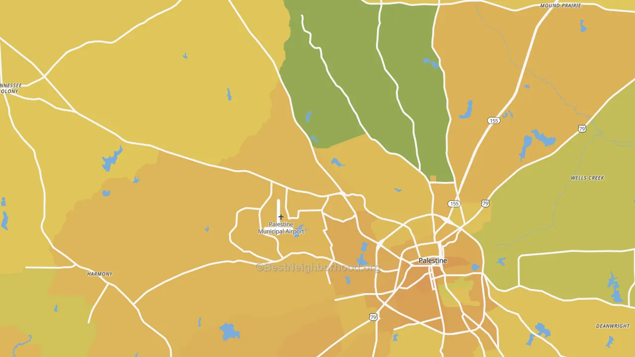 Map of the best neighborhoods in the 75803 area, with better matches in green and worse matches in red