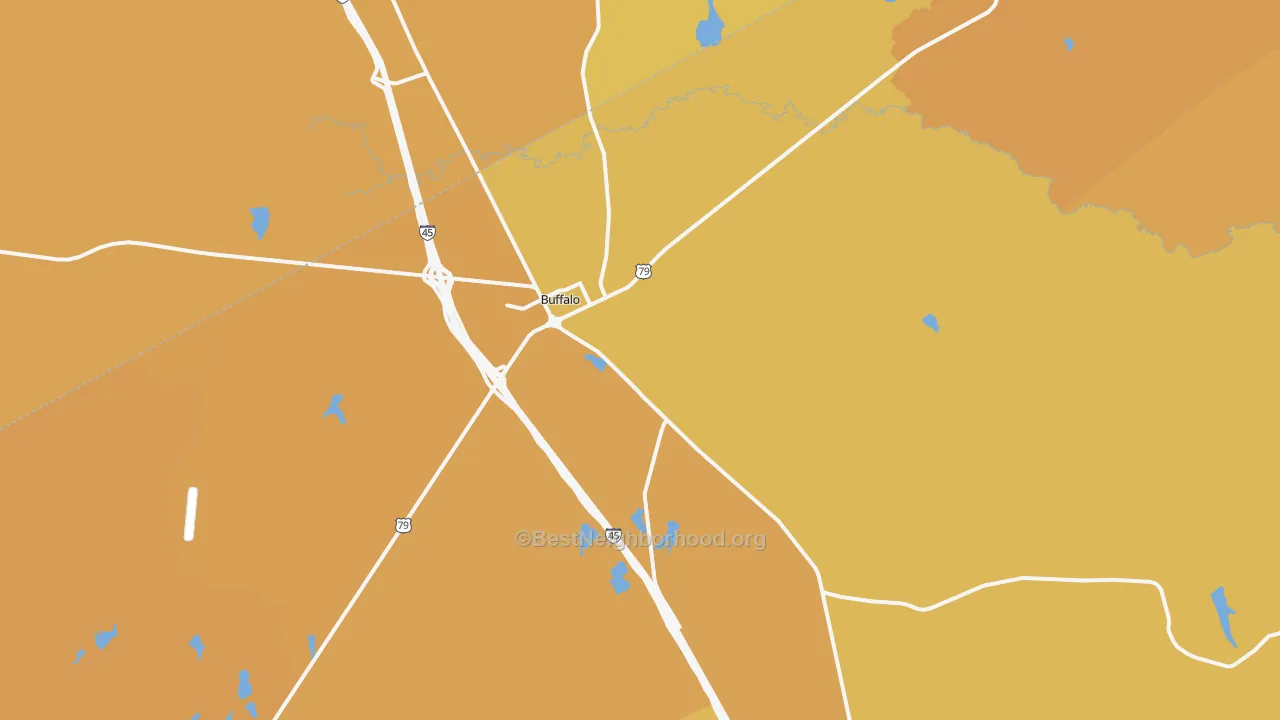 Map of the best neighborhoods in the 75831 area, with better matches in green and worse matches in red