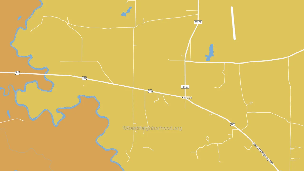 Map of the best neighborhoods in the 75832 area, with better matches in green and worse matches in red