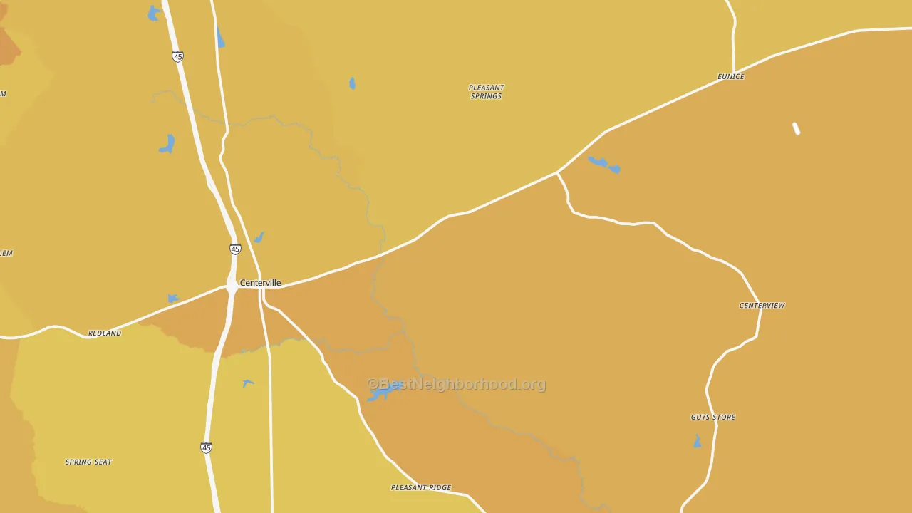 Map of the best neighborhoods in the 75833 area, with better matches in green and worse matches in red