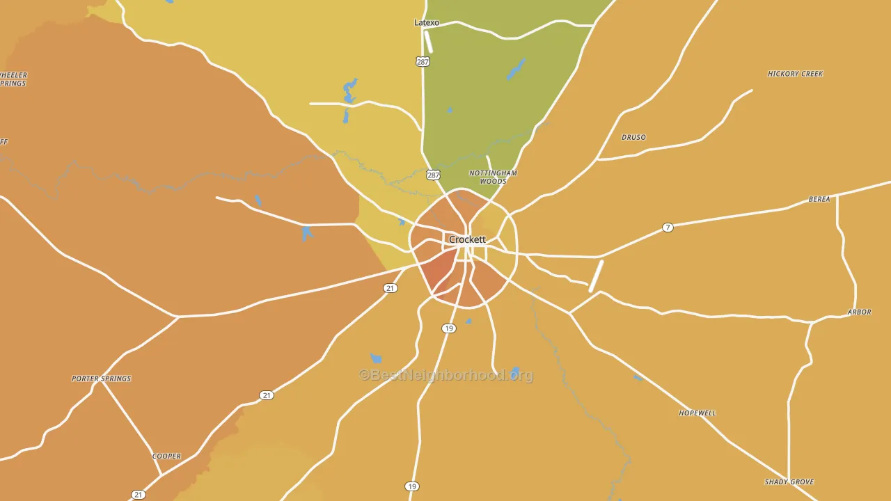 Map of the best neighborhoods in the 75835 area, with better matches in green and worse matches in red