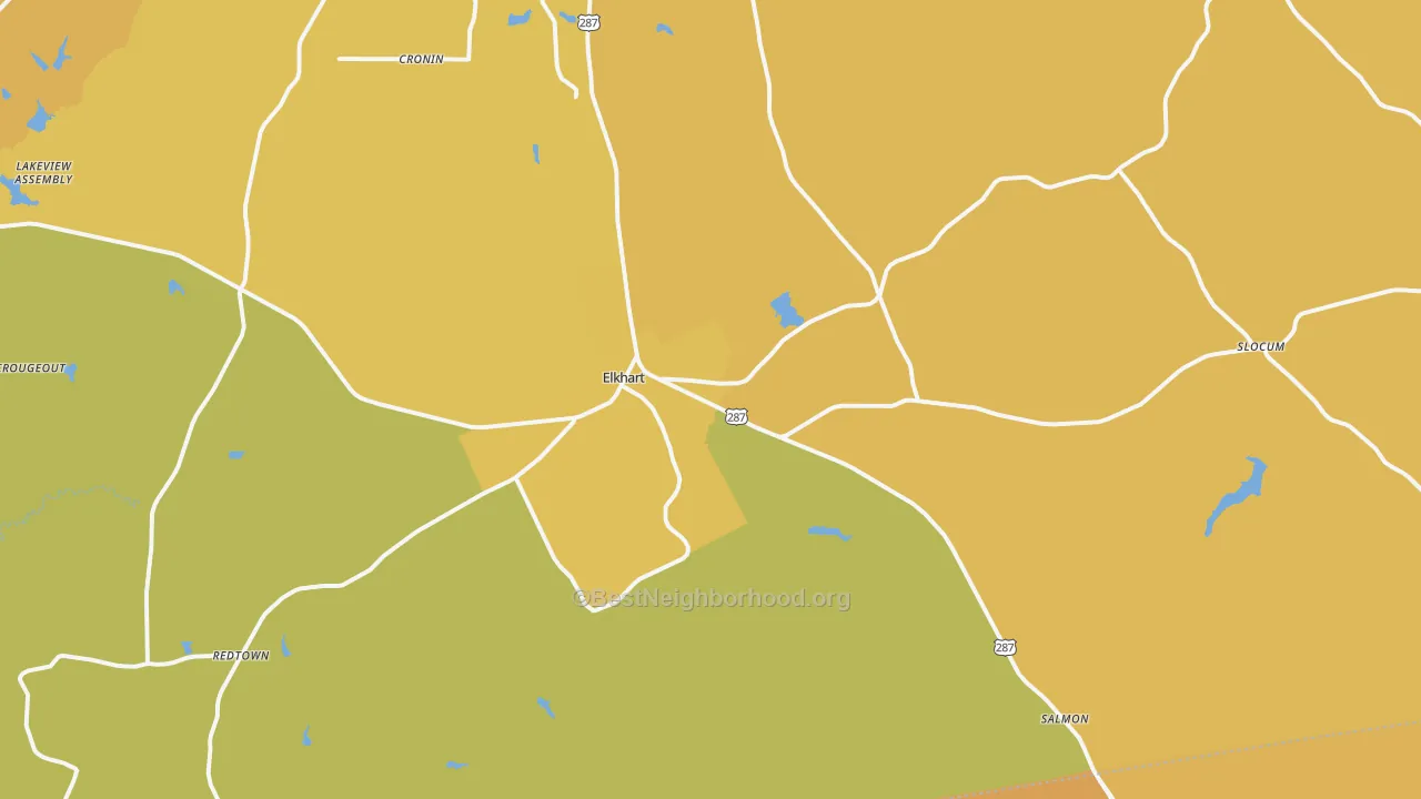 Map of the best neighborhoods in the 75839 area, with better matches in green and worse matches in red