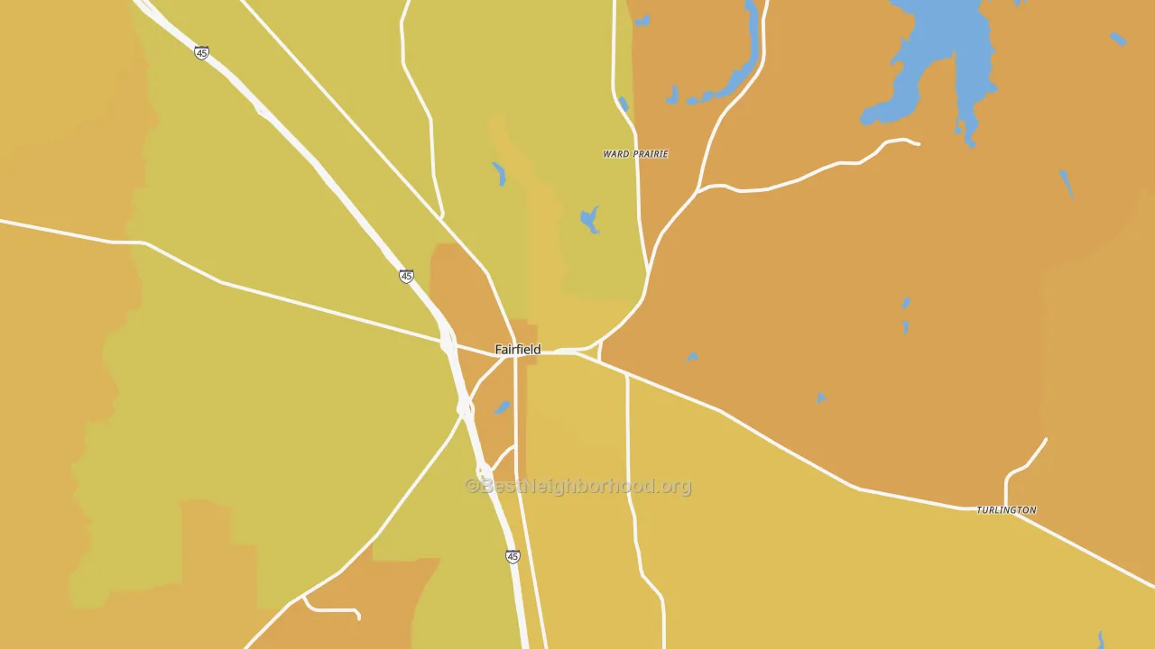 Map of the best neighborhoods in the 75840 area, with better matches in green and worse matches in red