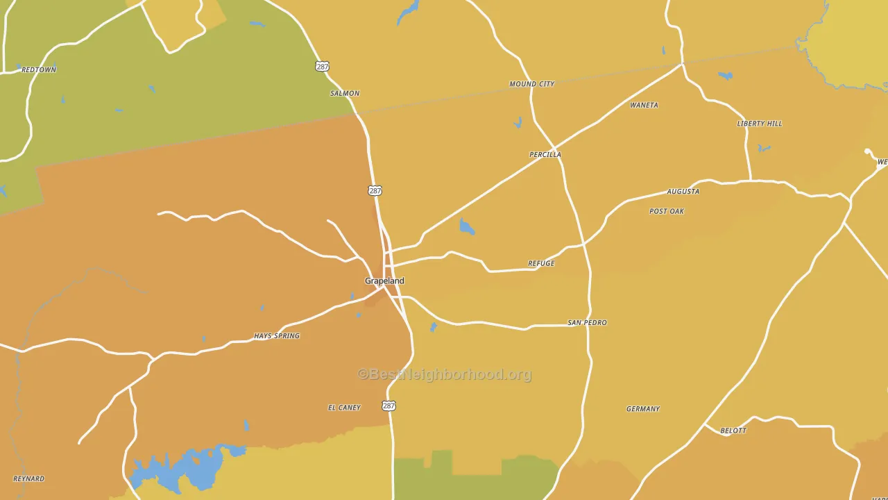 Map of the best neighborhoods in the 75844 area, with better matches in green and worse matches in red