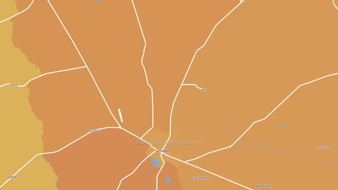 Map of the best neighborhoods in the 75845 area, with better matches in green and worse matches in red