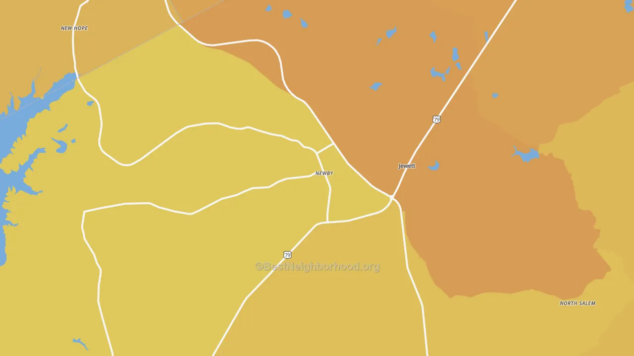 Map of the best neighborhoods in the 75846 area, with better matches in green and worse matches in red