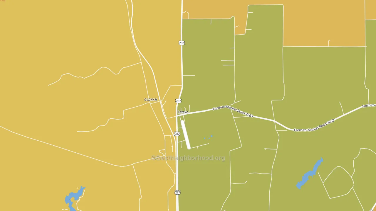 Map of the best neighborhoods in the 75849 area, with better matches in green and worse matches in red