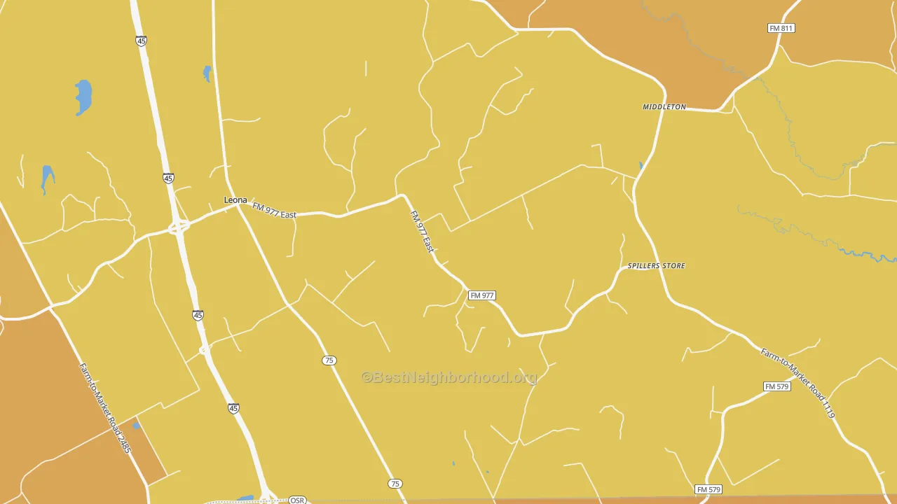 Map of the best neighborhoods in the 75850 area, with better matches in green and worse matches in red