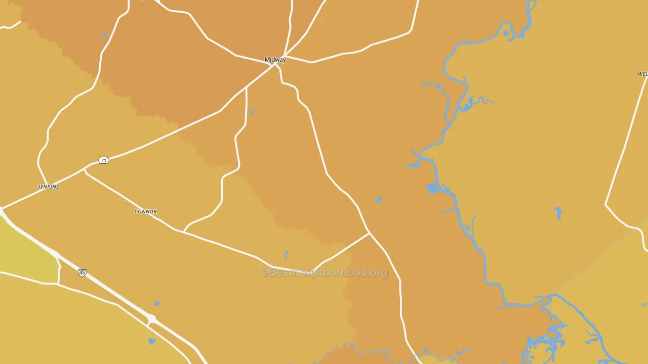 Map of the best neighborhoods in the 75852 area, with better matches in green and worse matches in red