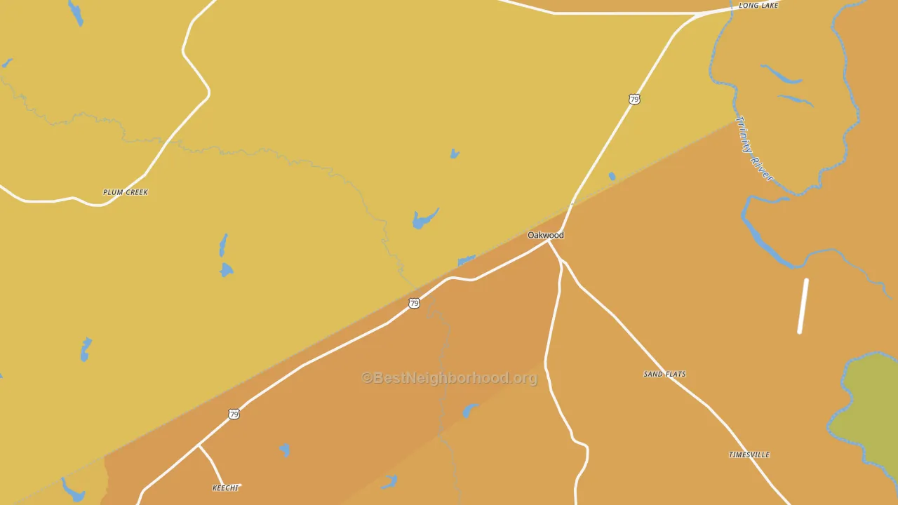 Map of the best neighborhoods in the 75855 area, with better matches in green and worse matches in red