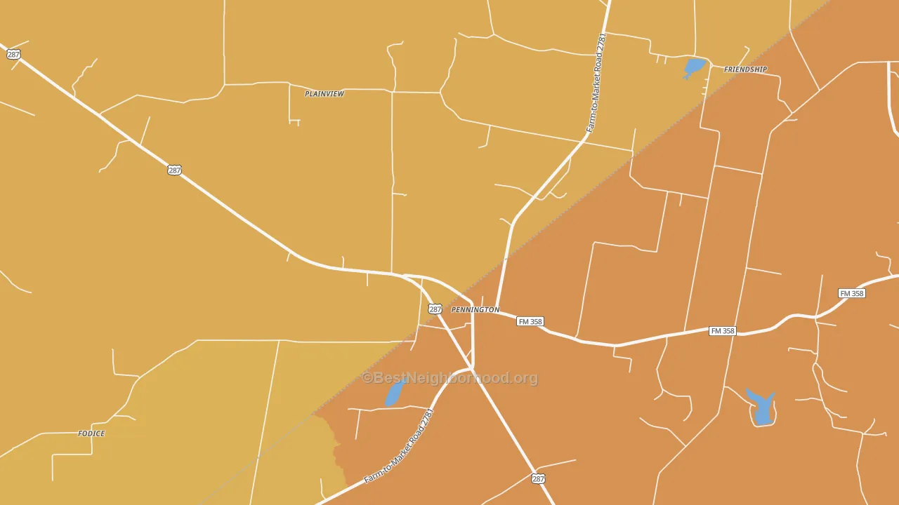 Map of the best neighborhoods in the 75856 area, with better matches in green and worse matches in red