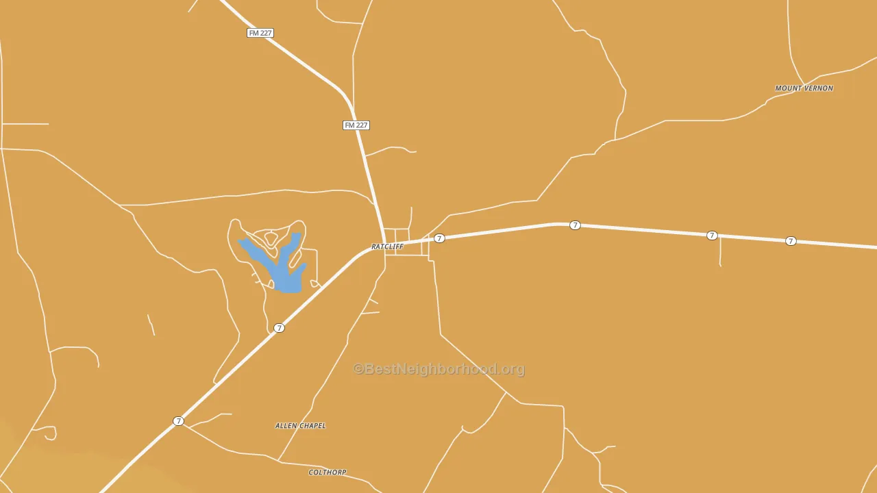 Map of the best neighborhoods in the 75858 area, with better matches in green and worse matches in red