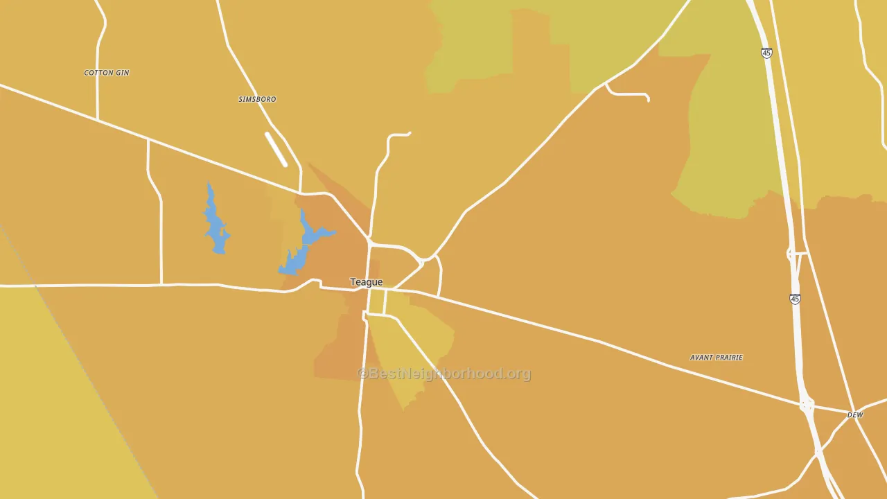 Map of the best neighborhoods in the 75860 area, with better matches in green and worse matches in red