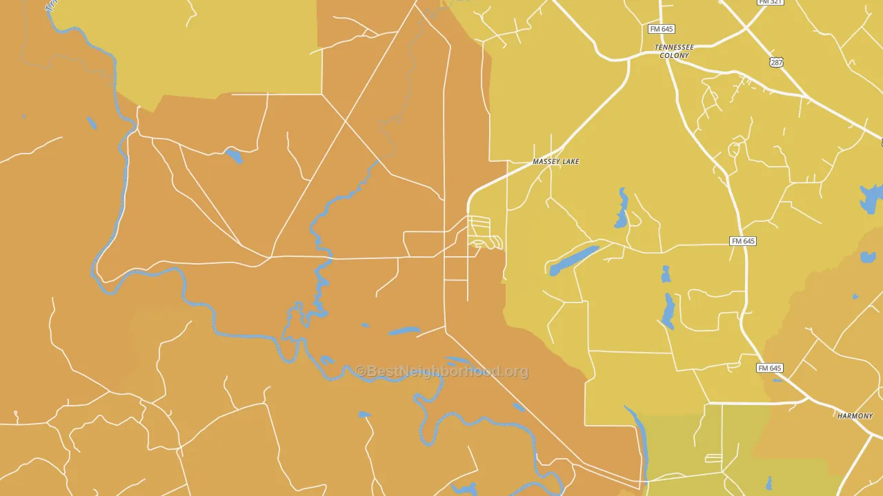 Map of the best neighborhoods in the 75861 area, with better matches in green and worse matches in red