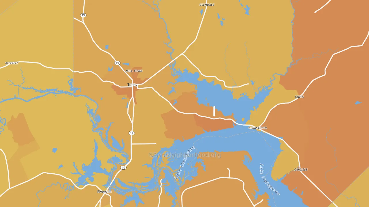 Map of the best neighborhoods in the 75862 area, with better matches in green and worse matches in red