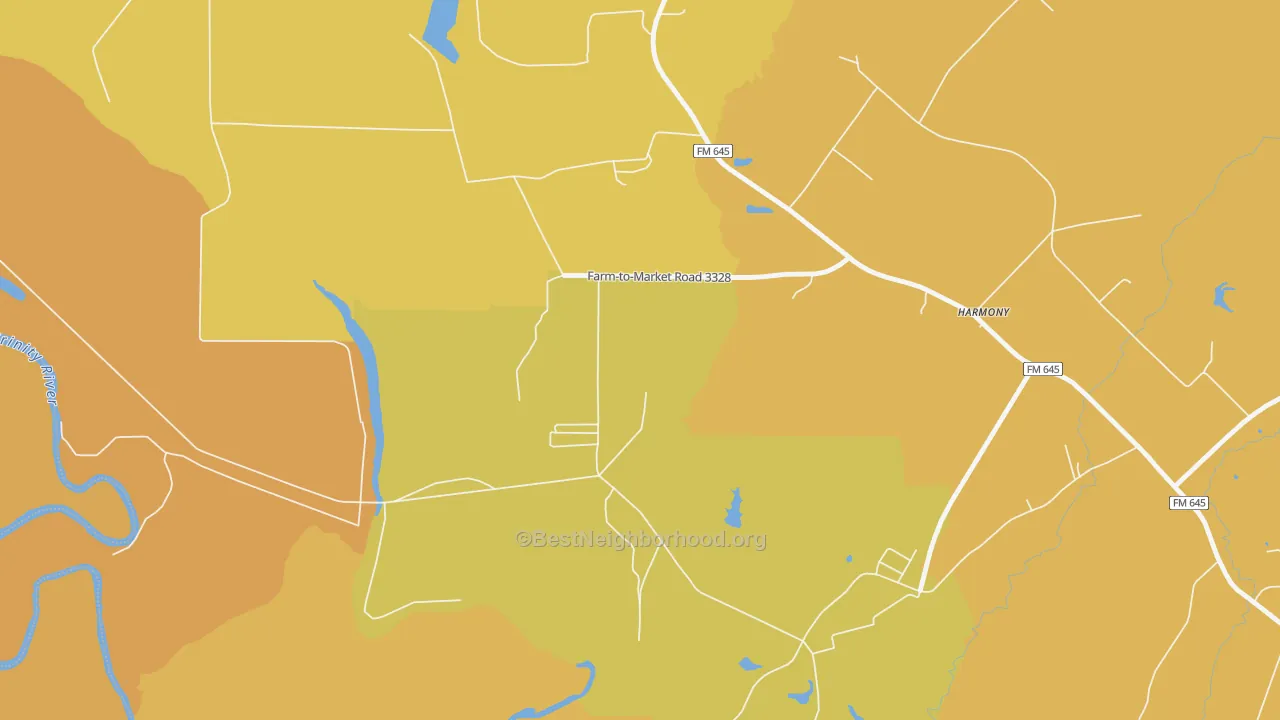 Map of the best neighborhoods in the 75880 area, with better matches in green and worse matches in red
