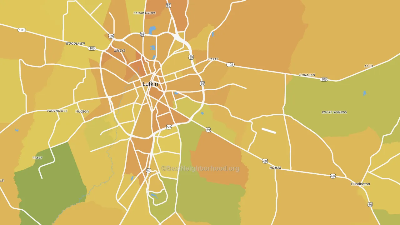 Map of the best neighborhoods in the 75901 area, with better matches in green and worse matches in red