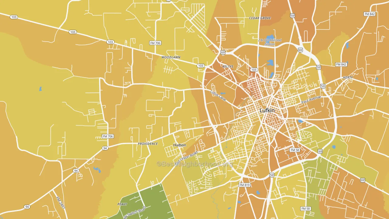 Map of the best neighborhoods in the 75904 area, with better matches in green and worse matches in red