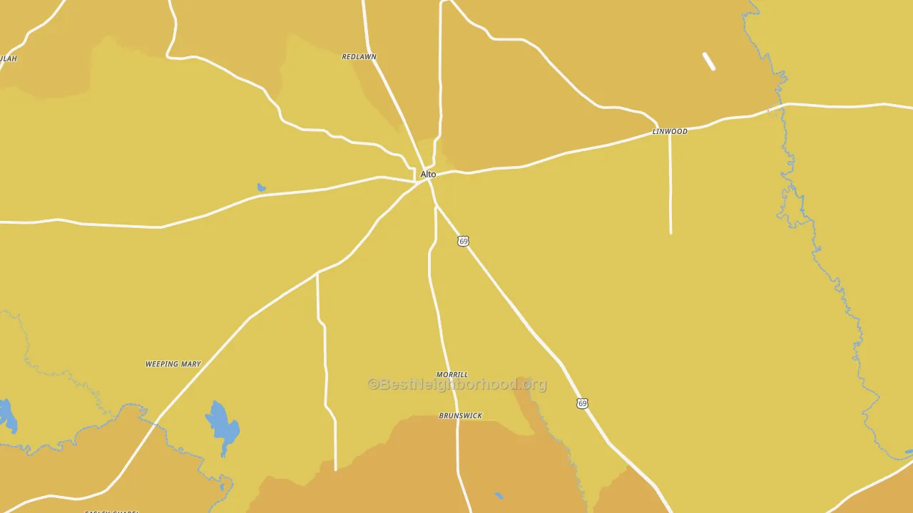 Map of the best neighborhoods in the 75925 area, with better matches in green and worse matches in red