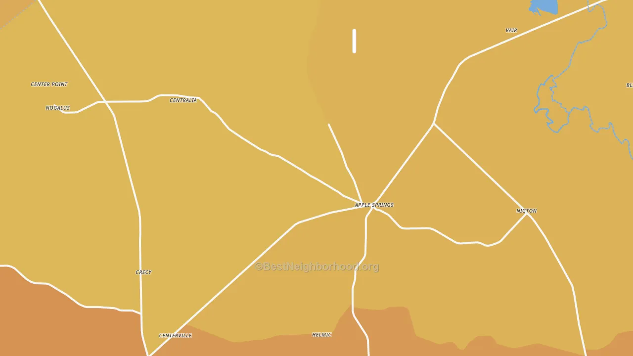 Map of the best neighborhoods in the 75926 area, with better matches in green and worse matches in red