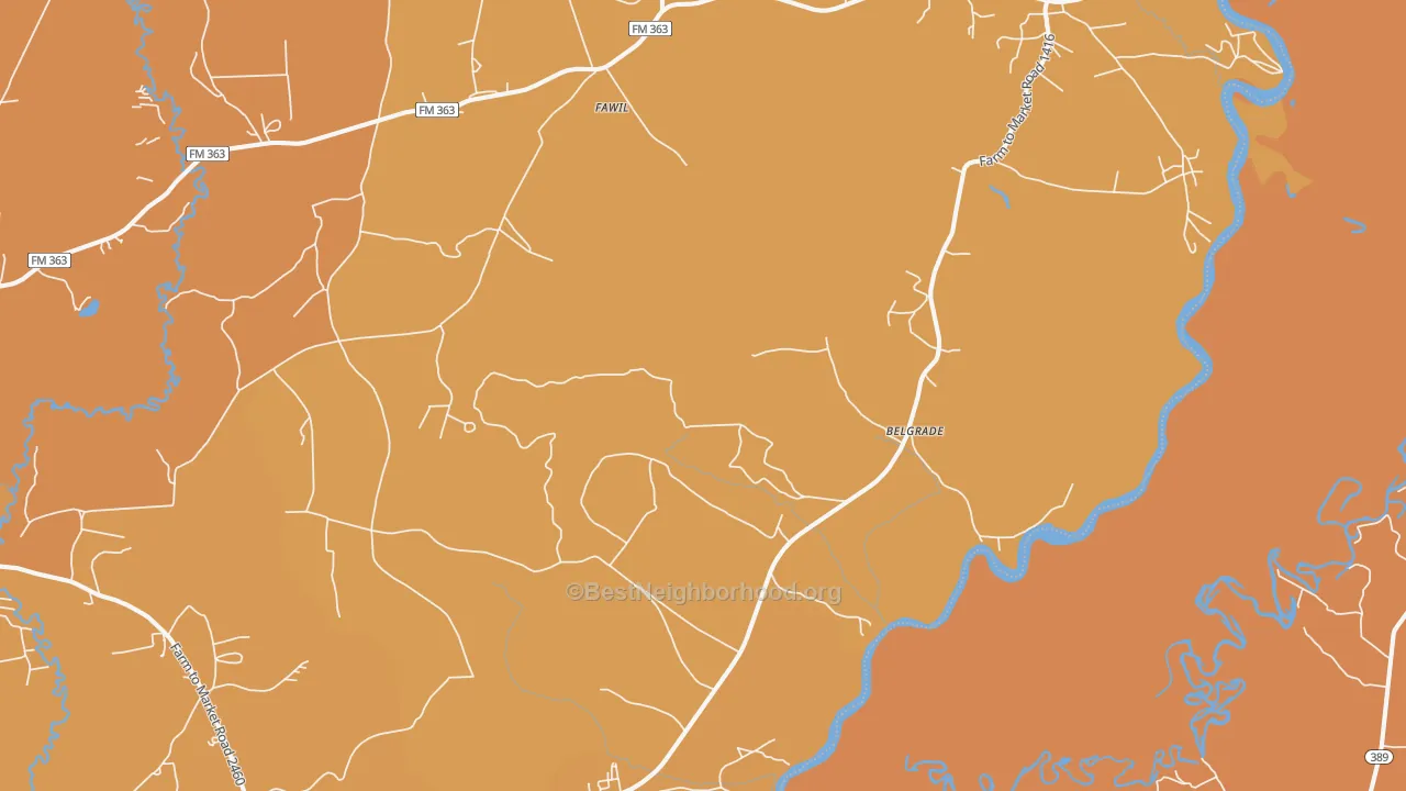 Map of the best neighborhoods in the 75928 area, with better matches in green and worse matches in red