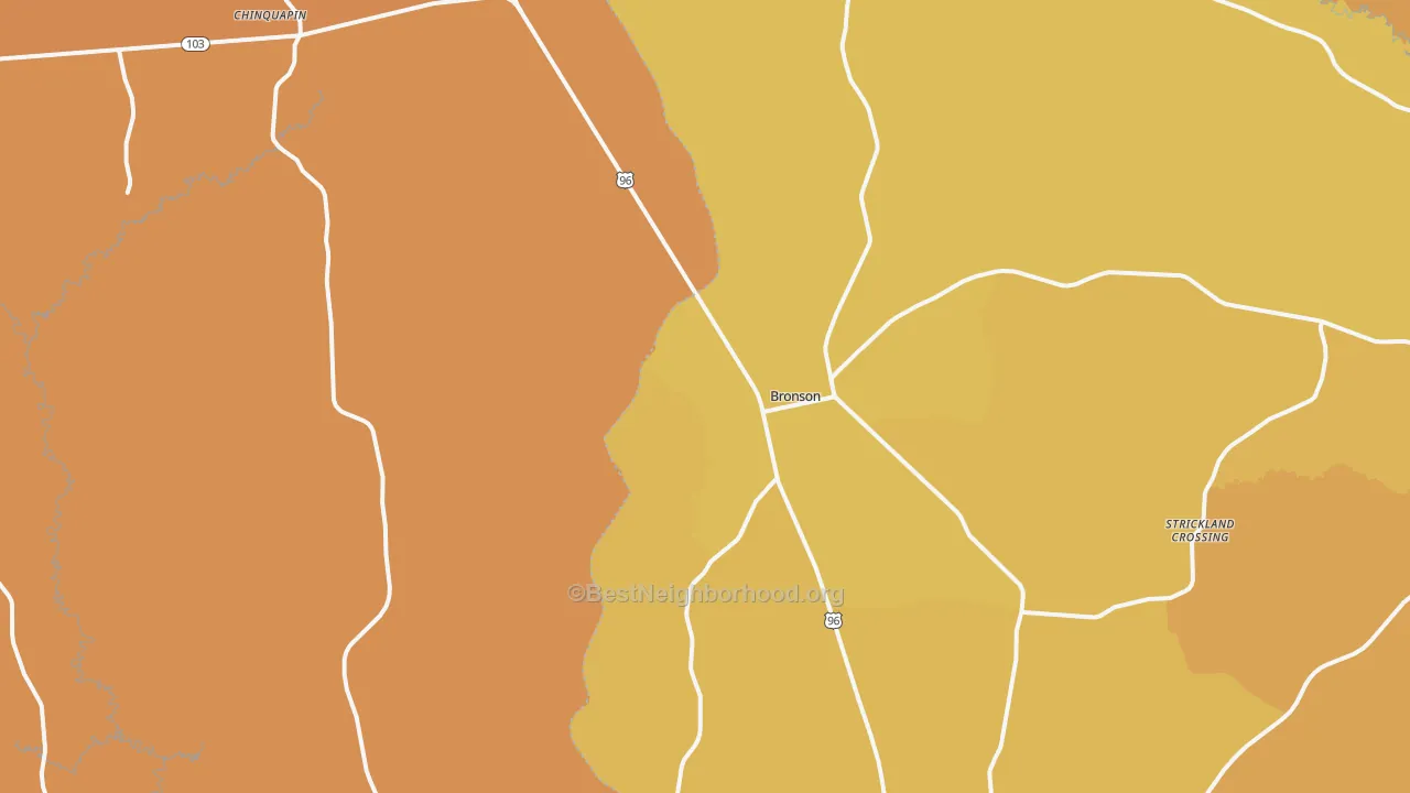 Map of the best neighborhoods in the 75930 area, with better matches in green and worse matches in red