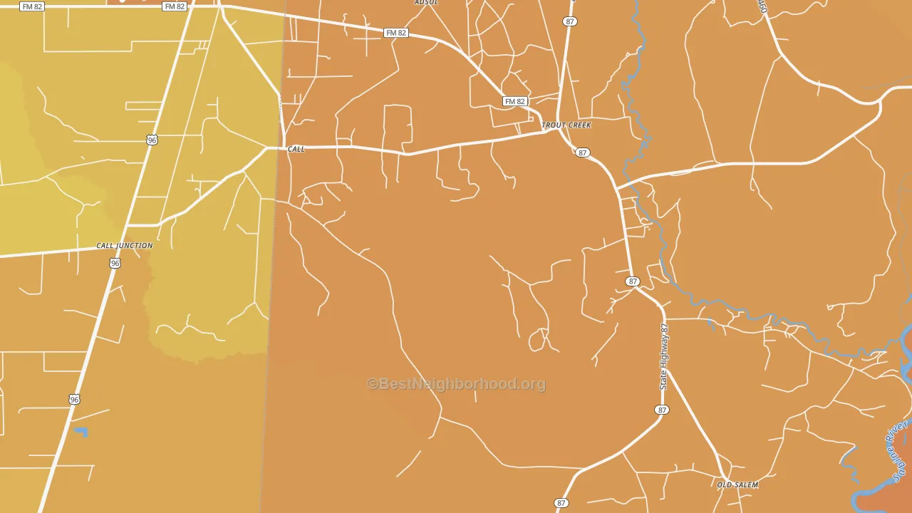 Map of the best neighborhoods in the 75933 area, with better matches in green and worse matches in red