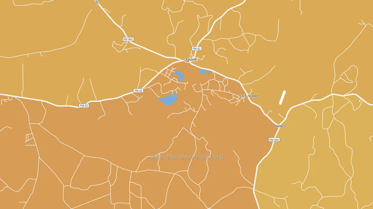 Map of the best neighborhoods in the 75934 area, with better matches in green and worse matches in red
