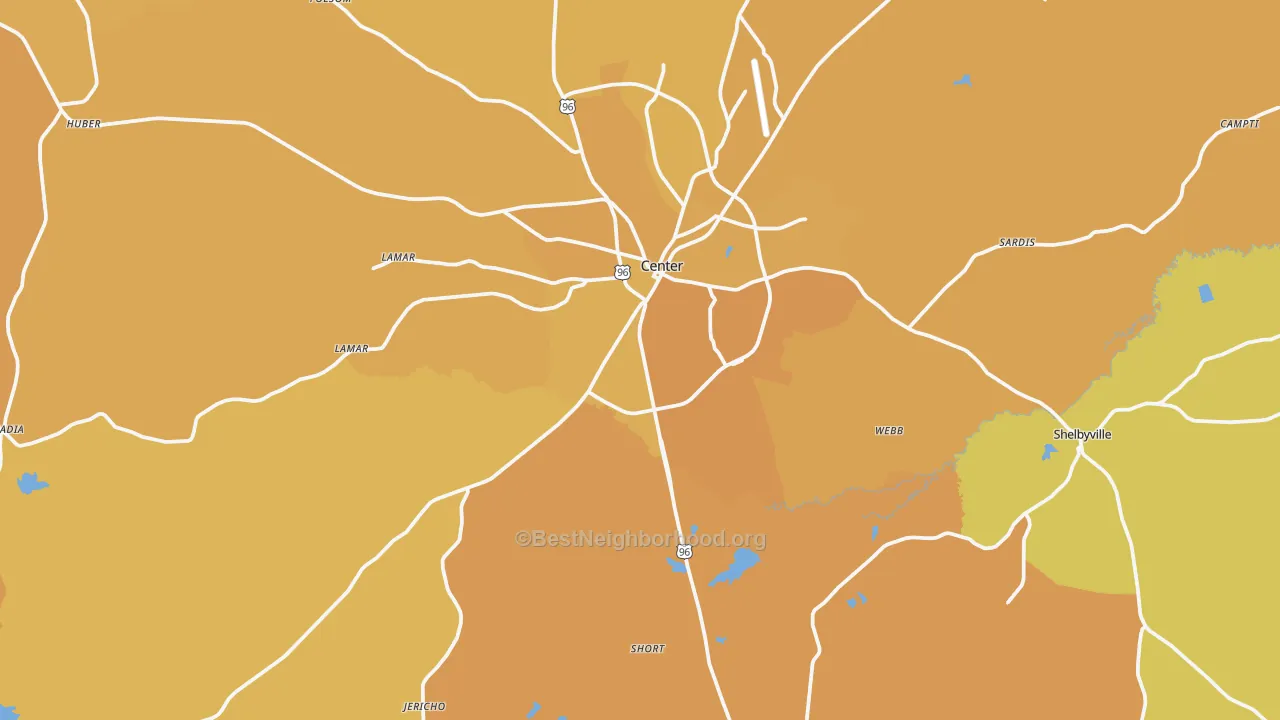 Map of the best neighborhoods in the 75935 area, with better matches in green and worse matches in red